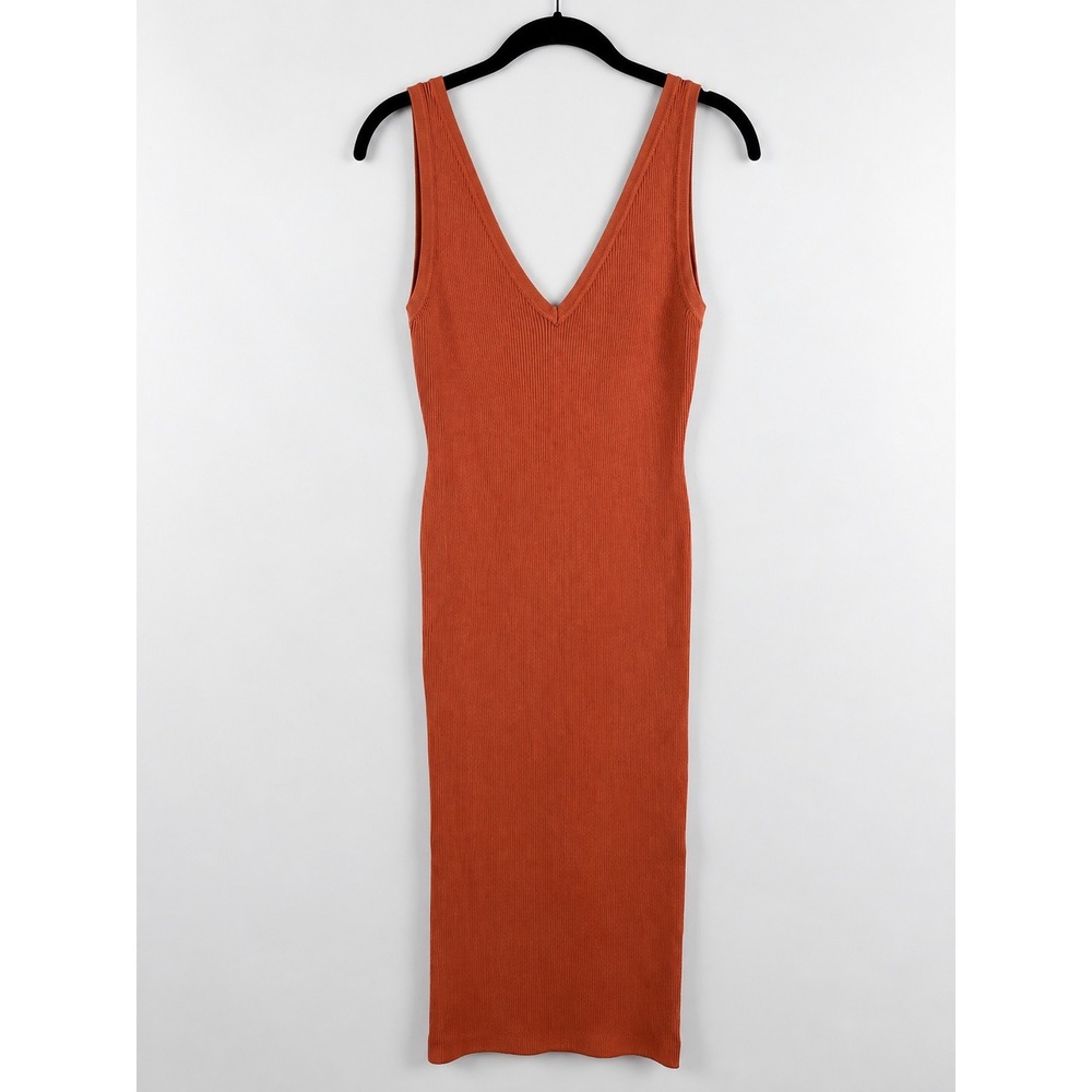 House of Harlow 1960 Rust Orange Ribbed V-Neck Midi Sweater Dress Size M - Picture 3 of 6